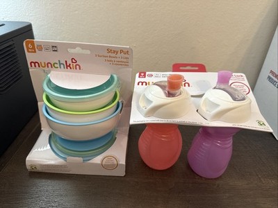 MUNCHKIN STAY PUT 3 SUCTION BOWLS + 3 LIDS & 2 CLICK LOCK SIPPY CUPS-ALL NEW