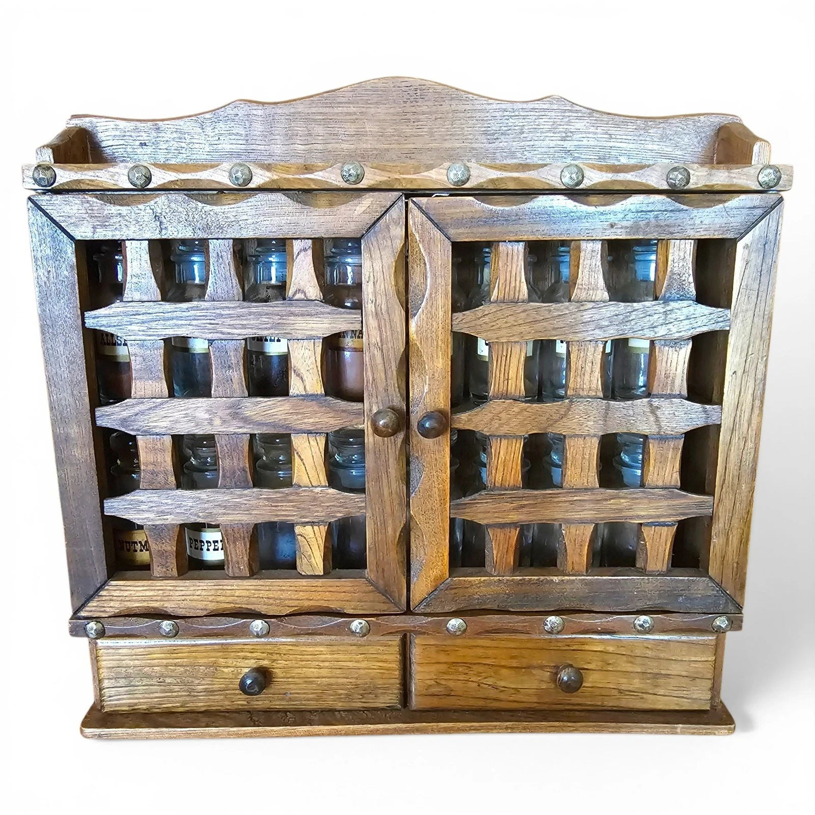 Vintage Wooden Spice Rack Apothecary Cabinet Wall Hanging + 16 Glass Jars Japan
