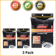  3 Pack Genuine Dickies Men's Max Cushion Crew Sock, 6 Pack Black Size 6-12