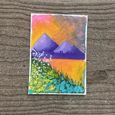 Aceo Original Mountains Over Lake Sunset Gouache Painting Art Card