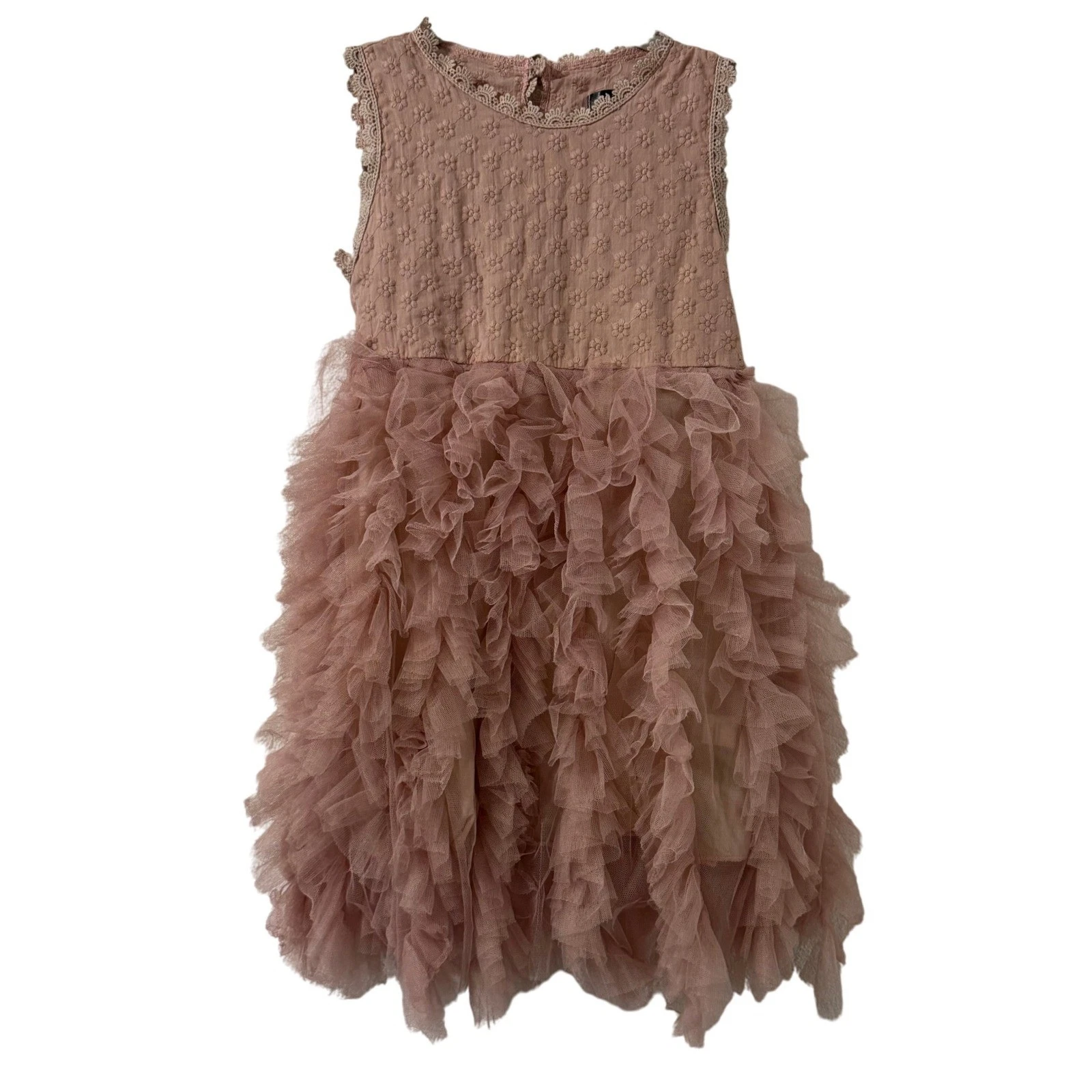AiniBabe Girls Pink Ruffle Tulle Dress Size 6 Lace Trim Pearl Buttons Fairy Boho