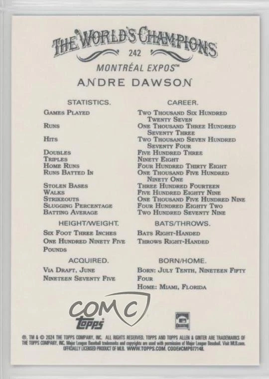 2024 Topps Allen & Ginter X Andre Dawson #242 HOF - Image 2 of 2