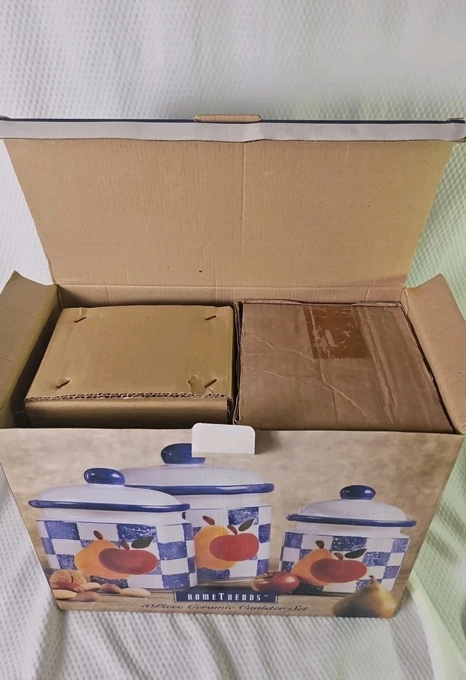 Juego de 3 Botes Azul y Blanco Cuadros Cerámica Diseño Manzana y Pera Nuevo En Caja Foto 3 de 3