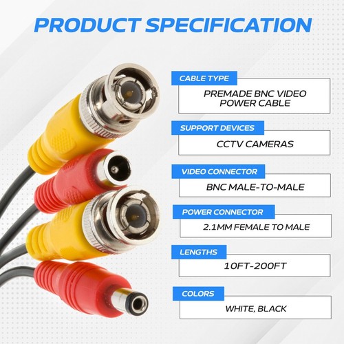 Premade Siamese Cable BNC DC Power /Video Wire 20AWG CCTV Black 10ft -100ft LOT - Picture 3 of 18