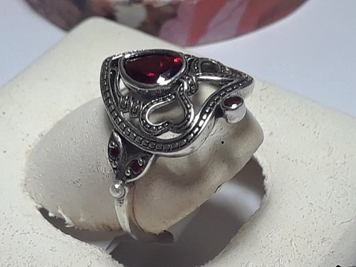 3/4ctw Pear&Rd Garnet w/sea Pearl Victorian style SterlingSilver Bezel Ring19608 - Picture 3 of 4