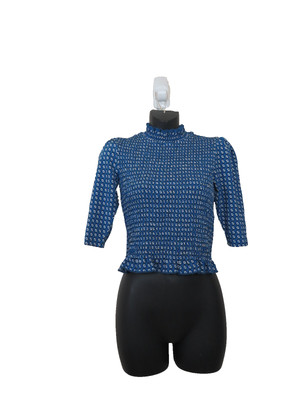 Sandro size 0 Molitor Smocked Top Blue Printed Half Sleeve Mock Neck NEW