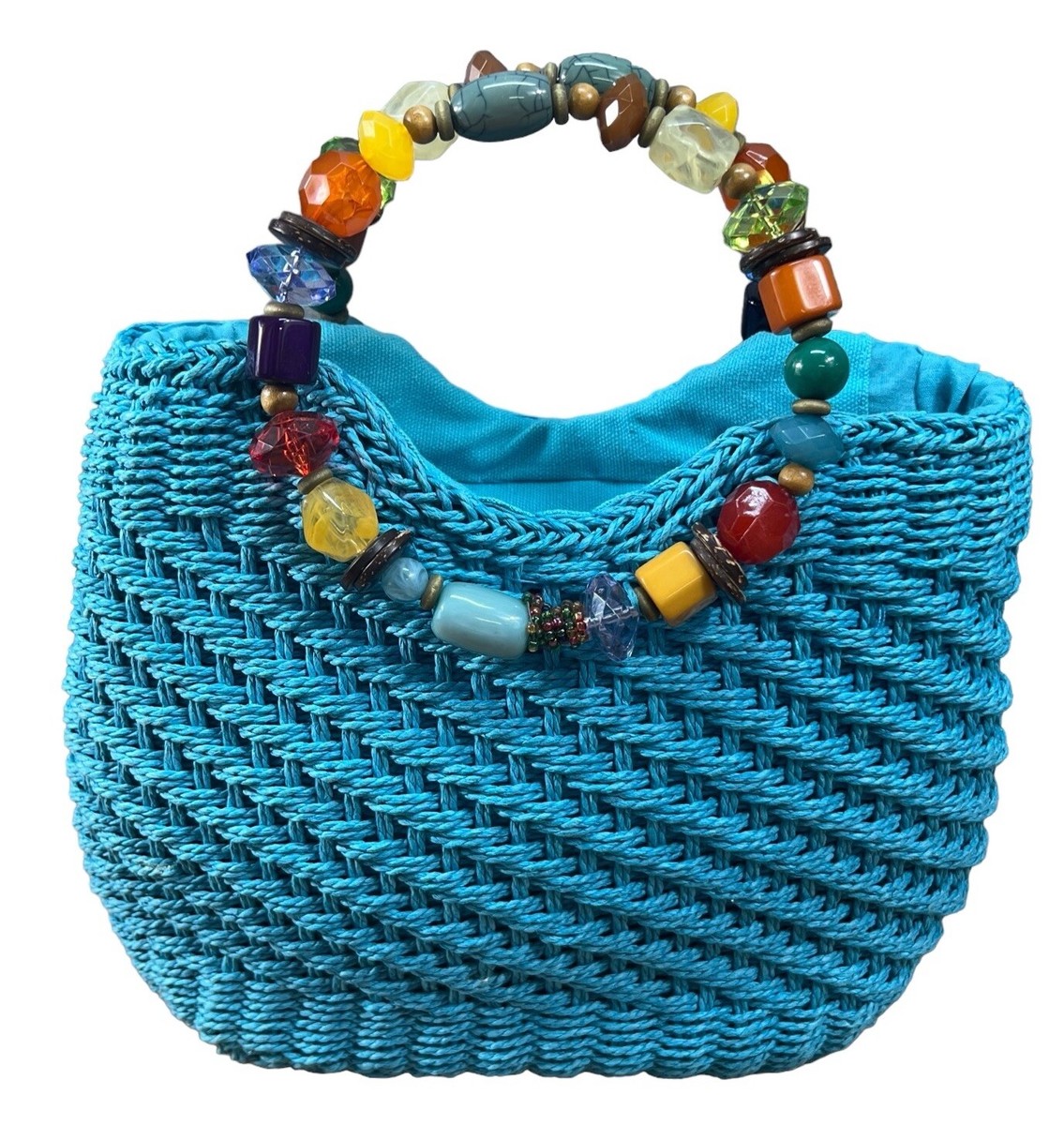 ORVIS Straworld Woven Turquoise Blue Beaded Handles Bag, Retro