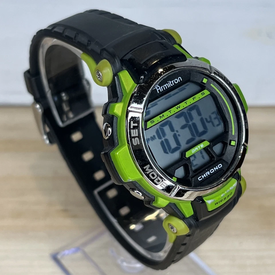 Reloj Armitron All Sport Alarma Cronógrafo Retroiluminación Verde Lima Negro BATERÍA NUEVA Foto 3 de 4