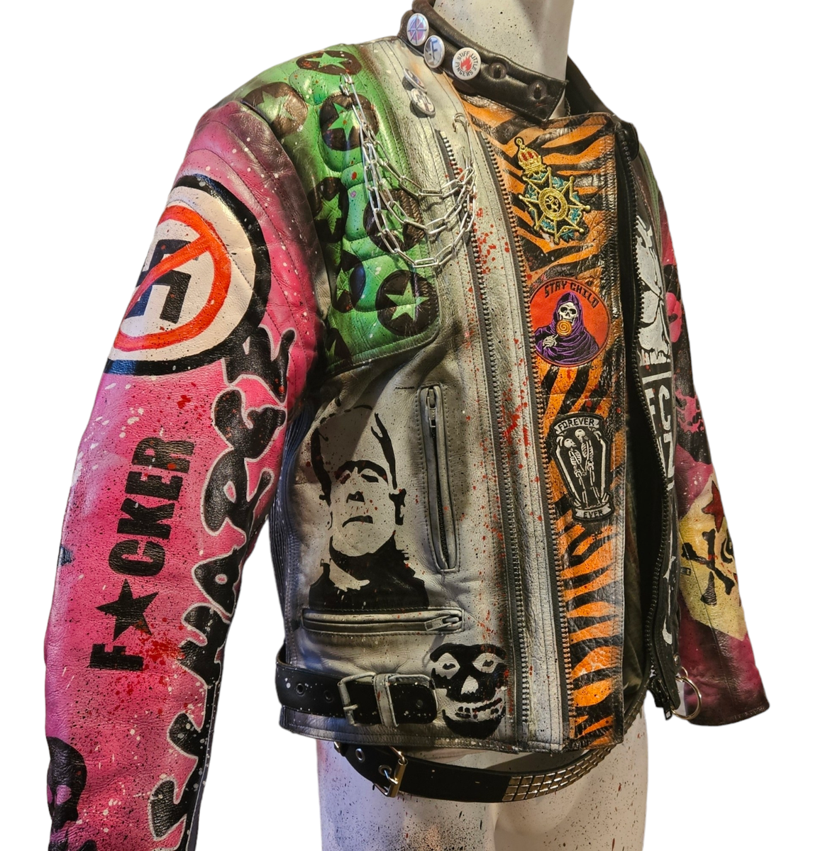 Vintage Leather Spiked Hand Painted Bespoke Punk Rock Jacket All