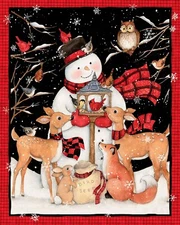 Christmas Susan Winget Snowman Deer Birds Snow Cotton Fabric CP69112 36"  Panel