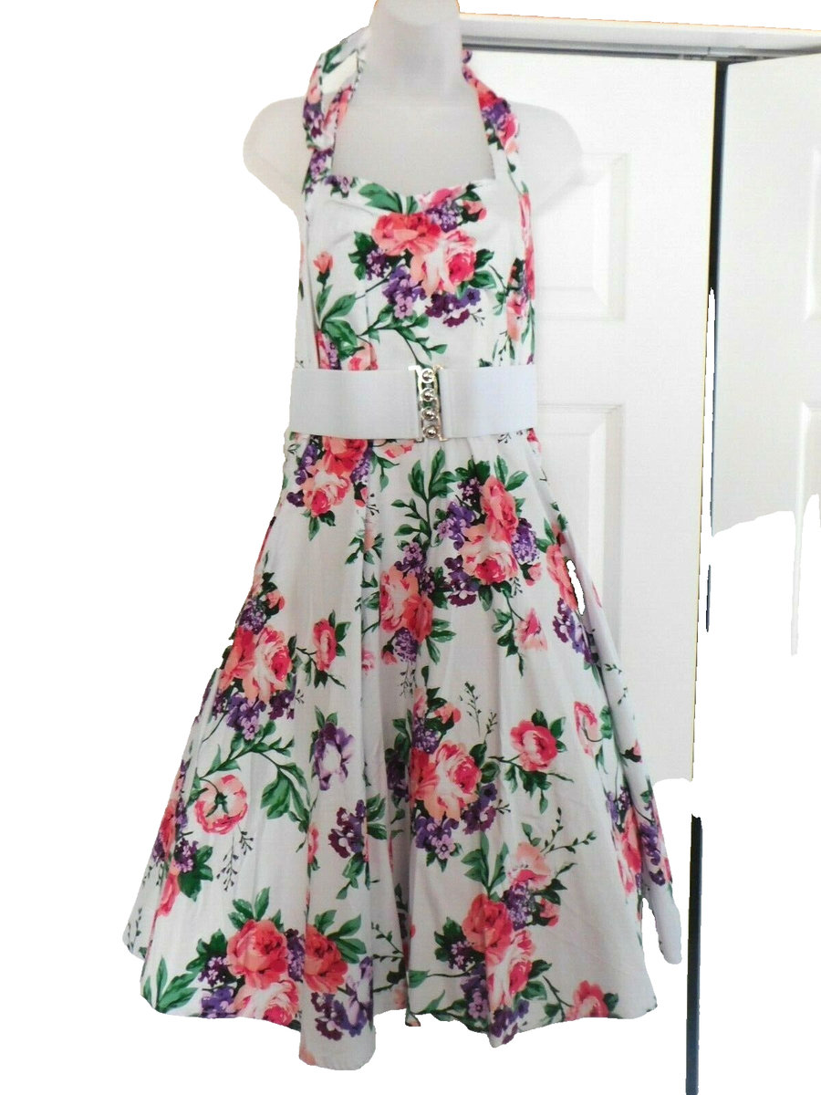 Vintage Halter Floral Print Sleeveless High Waist Ball Room Multi-Color  Dress L