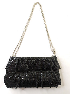 OZOC Japan Black Metallic Mesh Crossbody Bag with Ruffles & Removable Straps