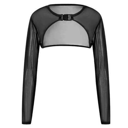 Women Sheer Mesh Rave Crop Top Long Sleeve Shrug Fishnet Cover Up with Buckle - Picture 30 of 32