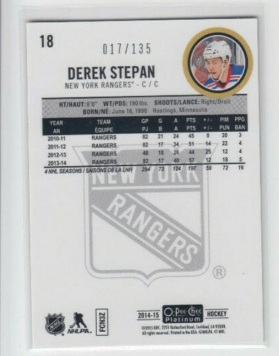 14/15 OPC Platinum New York Rangers Derek Stepan Red Prism card #18 Ltd #17/135 - Picture 2 of 2