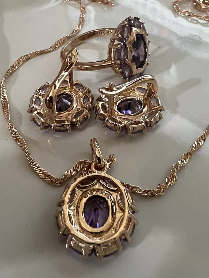 Juego de pendientes collar anillo enchapados en oro rosa de 14k 585 RG amatista natural talla 8 Foto 2 de 3