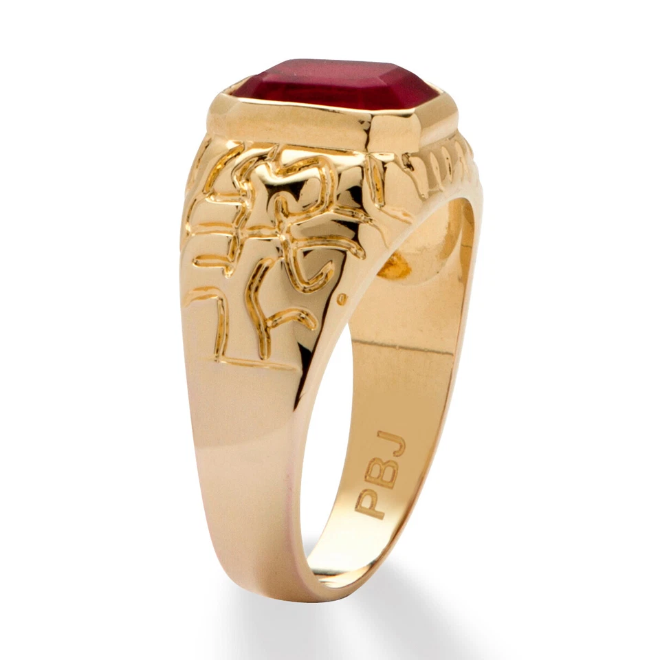 Men's 2.75 TCW Emerald-Cut Simulated Ruby Gold-Plated Nugget Style Ring - Image 2 of 4