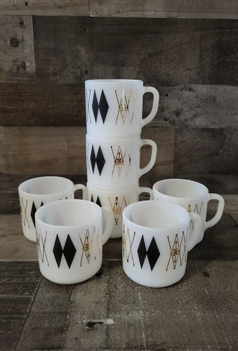 Vintage Federal Glass Milk Glass Atomic Harlequin Stackable Coffee Cups Set Of 7
