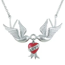Love Swallows Necklace Couple Birds w Heart Pendant Stainless Steel By Controse