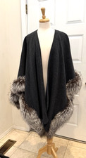 NWOT Charcoal Lambswool Shawl with Fox Fur Trim -Made In USA- Retail $1,500