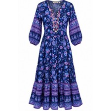 Soft Surroundings Floral Embroidered Boho Maxi Dress Navy Blue Women's Small