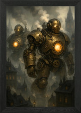 Steampunk Robots Over Cityscape Framed Wall Art Poster Canvas Print Picture