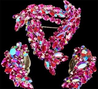 SHERMAN Blinding Red & AB Rhinestone Vintage Brooch Earring Set