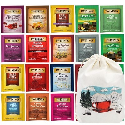 Twinings Tea Bag Sampler Assortment Box with Decorative Cotton Pouch Bag20 Count