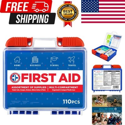 110 Pc First Aid Kit: Clean, Treat, Protect Minor Cuts, Home, Office, Car, Schoo