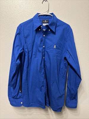 Psycho Bunny Men s Long Sleeve Button-Up Shirt Blue Size M Logo
