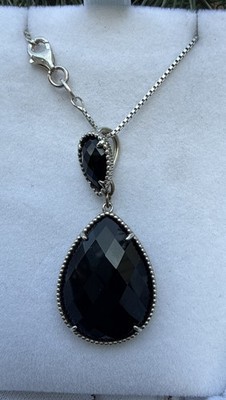 Vtg.sign EFFY Sterling Silver 925 Faceted Onyx Large Pendant 18  Chain Necklace