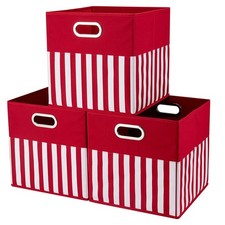 Folable Fabric storage Bins.Set of 3 Cubby Cubes with Handles Red-White Verti...