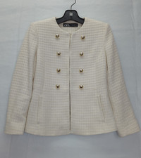 Zara Tweed Cream Textured Blazer Double Breasted Gold Buttons Size M
