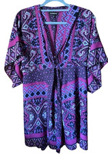 Express Boho Kimono Style Purple Printed V-Neck Dress Sz Large