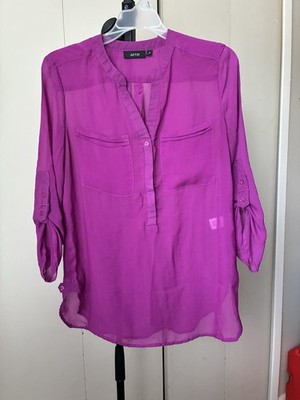 Apt. 9 Women's Fuchsia Chiffon Split Neck Roll Tab 3/4 Sleeve Sheer Blouse S