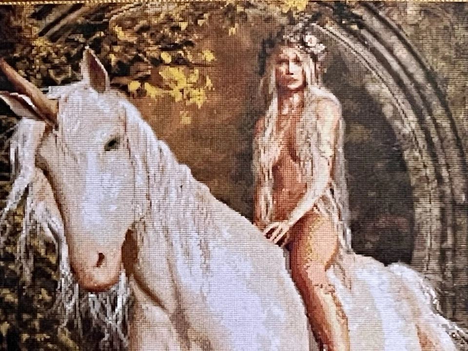 Kit de punto de cruz Kustom Krafts Inc - LADY GODIVA #95197 Dyan Allaire NUEVO unicornio Foto 4 de 4