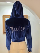 Juicy Couture Y2K Cropped Hoodie Zip Royal Blue Velour Rhinestone Logo McBling