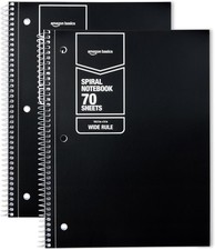 Wide Ruled Spiral Notebook, 70 Sheets, 8" x 10-1/2", Black, 2 pack