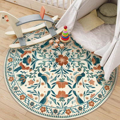 Floral Bird 6Ft Washable Round Rug - Non-Slip Modern Bohemian Decor