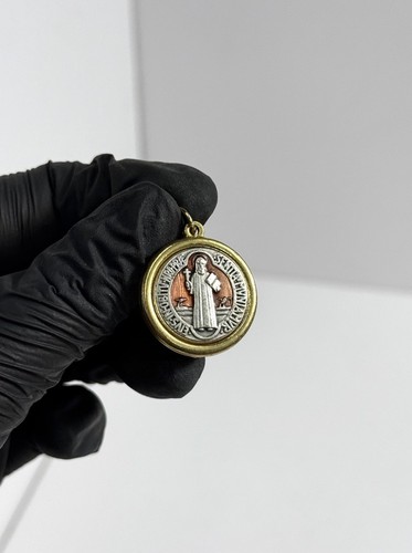 Catholic Saint Benedict Gold & Silver Tone Religious Medal - Picture 2 of 2