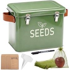 Seed Storage Organizer, Metal Seed Saving Box with Leather Tall Dark Green