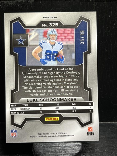 #/99 Luke Schoonmaker #325 2023 Panini Prizm Blue Ice Dallas Cowboys - Picture 2 of 2