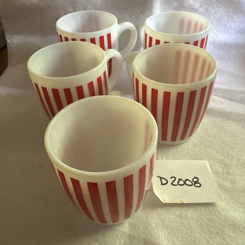 5 Vintage Hazel Atlas Red Milk Glass Candy Striped Coffee Mugs Cups Coffee