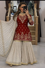 Red White Colour Faux Georgette Palazzo Suit With Dupatta For Party  Reception