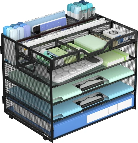 5 Tier Mesh Desk Organizer with Removable Tray&Pen Holder, Black | Features 3 De