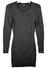 Express Bodycon Dress Women's Small Black & Silver Knit Chevron Long Sleeve
