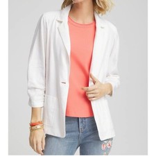 Chicos Stretch Linen Blazer Alabaster White Ruched Sleeve Size 4 XXL Lightweight