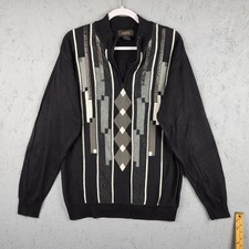Miko Sweater Mens XL Black Gray Geometric Knit Half Zip Pullover Retro Wool
