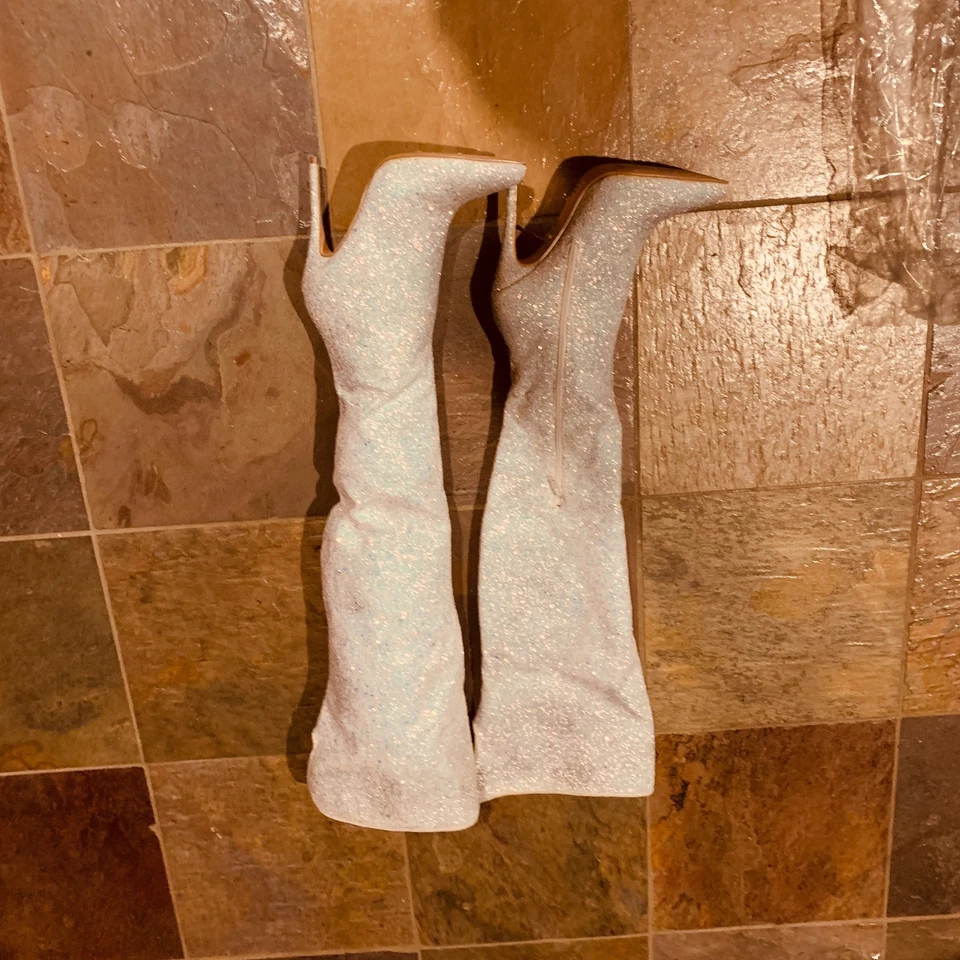 COURTLY-3015 女式性感 5 英寸高白色闪光大腿高筒靴,尺寸。 8(G125) — 第 3/4 张图片