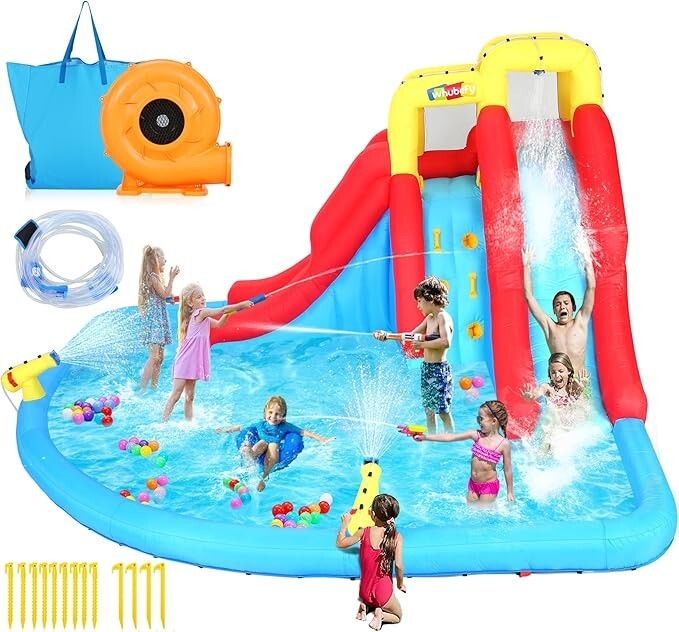 Double Dip Inflatable Water Slide Park,520W Blower & 2 Water Squirters Included
