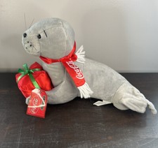 Coca-Cola Gray Seal Plush w/ Scarf and Red Present Christmas Coke